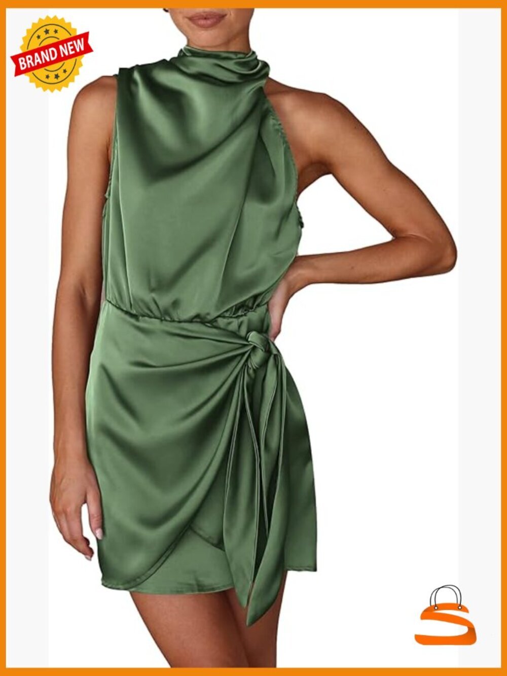 Sleeveless Mock Neck Tie Waist Satin Mini Dress